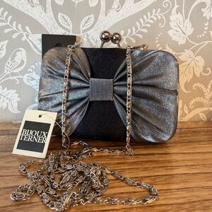 Bijoux Terner NWT Clutch w/ Chain Strap Black w/ Silver Bow Silver Hardware